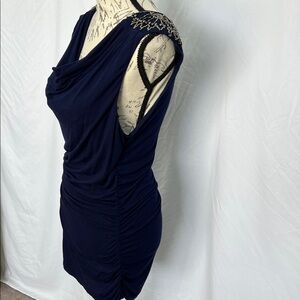 Sleek sexy cowl mini tank dress with metallic beading navy blue large